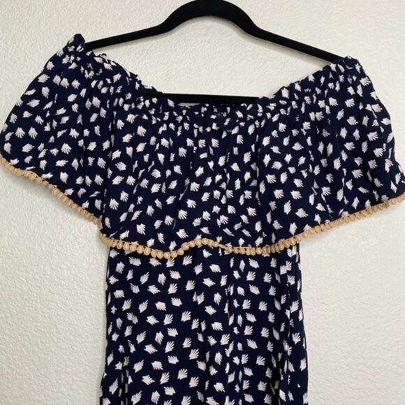 THML Navy Blue Feather Print Off the Shoulder Dress Small - Picture 2 of 9